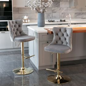 Golden Swivel Velvet Barstools Adjusatble Seat Height from 25-33 Inch; Modern Upholstered Bar Stools with Backs Comfortable Tufted for Home Pub and Ki