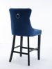 A&A Furniture; Contemporary Velvet Upholstered Barstools with Button Tufted Decoration and Wooden Legs; and Chrome Nailhead Trim; Leisure Style Bar Ch