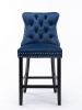 A&A Furniture; Contemporary Velvet Upholstered Barstools with Button Tufted Decoration and Wooden Legs; and Chrome Nailhead Trim; Leisure Style Bar Ch