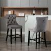 Contemporary Velvet Upholstered Barstools with Button Tufted Decoration and Wooden Legs; and Chrome Nailhead Trim; Leisure Style Bar Chairs; Bar stool