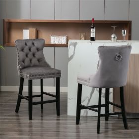 Contemporary Velvet Upholstered Barstools with Button Tufted Decoration and Wooden Legs; and Chrome Nailhead Trim; Leisure Style Bar Chairs; Bar stool (Color: as Pic)