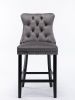 Furniture; Contemporary Velvet Upholstered Barstools with Button Tufted Decoration and Wooden Legs;  and Chrome Nailhead Trim;  Leisure Style Bar Chai