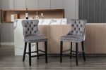 Furniture; Contemporary Velvet Upholstered Barstools with Button Tufted Decoration and Wooden Legs;  and Chrome Nailhead Trim;  Leisure Style Bar Chai