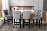 Furniture; Contemporary Velvet Upholstered Barstools with Button Tufted Decoration and Wooden Legs;  and Chrome Nailhead Trim;  Leisure Style Bar Chai