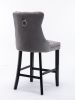 Contemporary Velvet Upholstered Barstools with Button Tufted Decoration and Wooden Legs; and Chrome Nailhead Trim; Leisure Style Bar Chairs; Bar stool