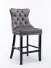 Furniture; Contemporary Velvet Upholstered Barstools with Button Tufted Decoration and Wooden Legs;  and Chrome Nailhead Trim;  Leisure Style Bar Chai