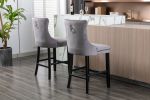 Furniture; Contemporary Velvet Upholstered Barstools with Button Tufted Decoration and Wooden Legs;  and Chrome Nailhead Trim;  Leisure Style Bar Chai