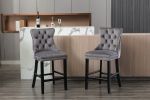 Contemporary Velvet Upholstered Barstools with Button Tufted Decoration and Wooden Legs; and Chrome Nailhead Trim; Leisure Style Bar Chairs; Bar stool