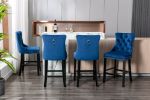 Furniture; Contemporary Velvet Upholstered Barstools with Button Tufted Decoration and Wooden Legs;  and Chrome Nailhead Trim;  Leisure Style Bar Chai