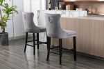 Contemporary Velvet Upholstered Barstools with Button Tufted Decoration and Wooden Legs; and Chrome Nailhead Trim; Leisure Style Bar Chairs; Bar stool